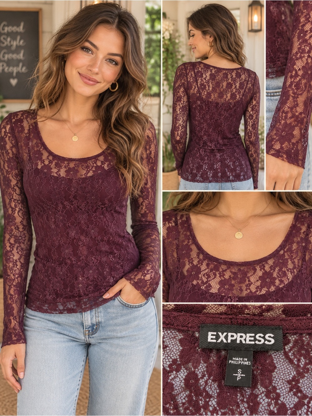Express Women's Maroon Lace Long-Sleeve Scoop Neck Top